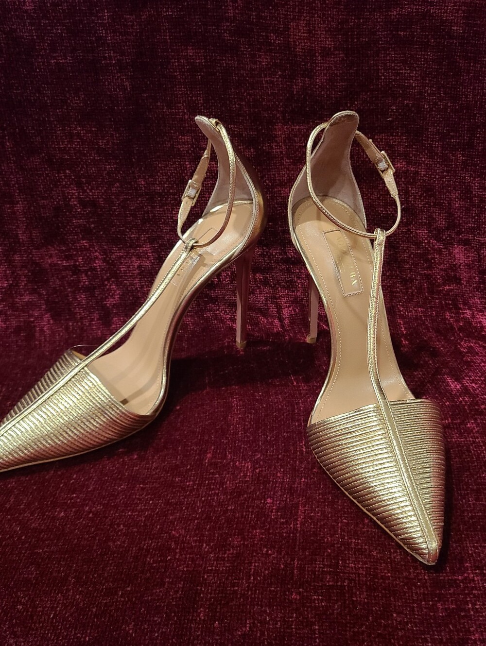 Aquazzura Metallic Strappy Gold Leather Pointed Toe Stiletto Heels Size 8 - Picture 12 of 15